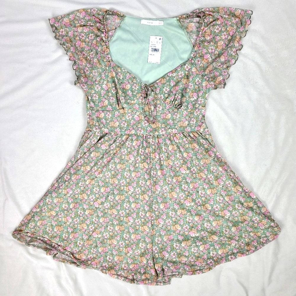 Lush Sage Green Floral Print Romper Size XL NWT